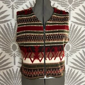 Vtg Aztec Fleece Vest Western Women’s Sz L Christmas Geo Pattern Red Zip Up